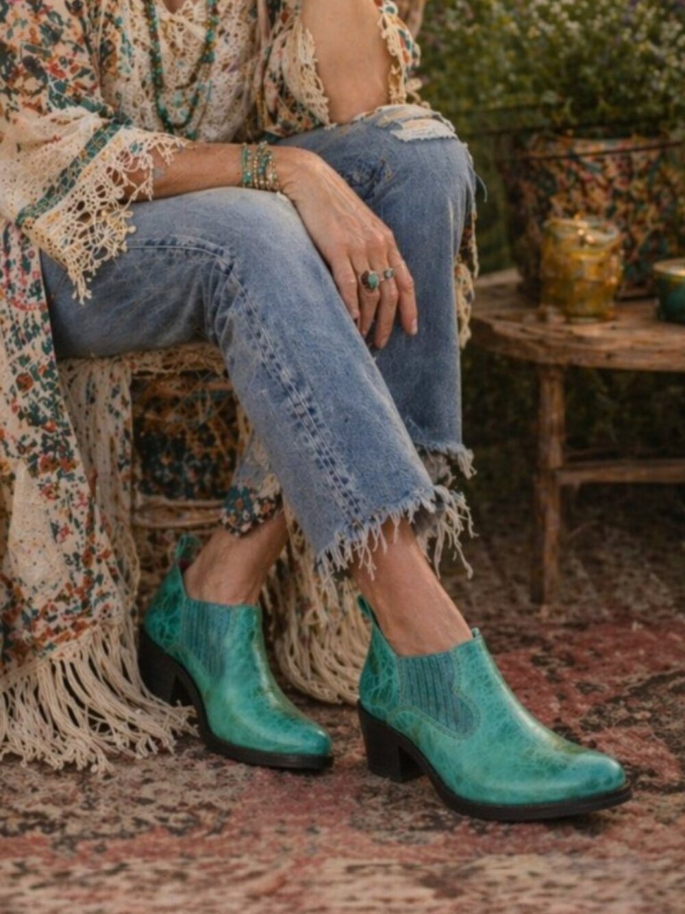 Ferrini Turquoise Distressed Slip On R-Toe Shootie, Size 6
